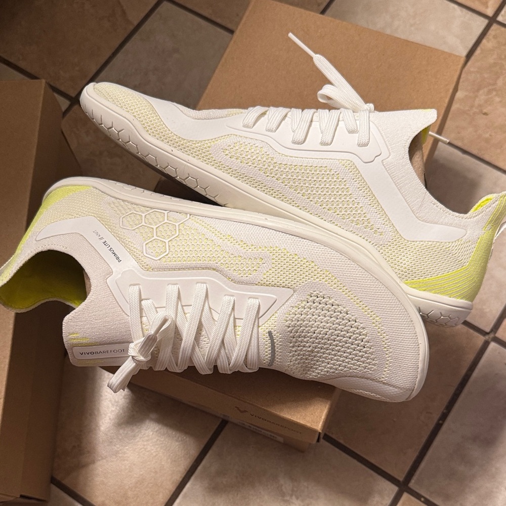 White Knit Sneakers with Pale Yellow Accents
